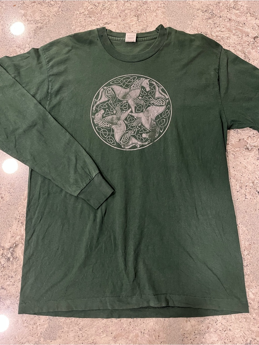 Vintage 90s Forest Green Long Sleeve Tee with Celtic Circle